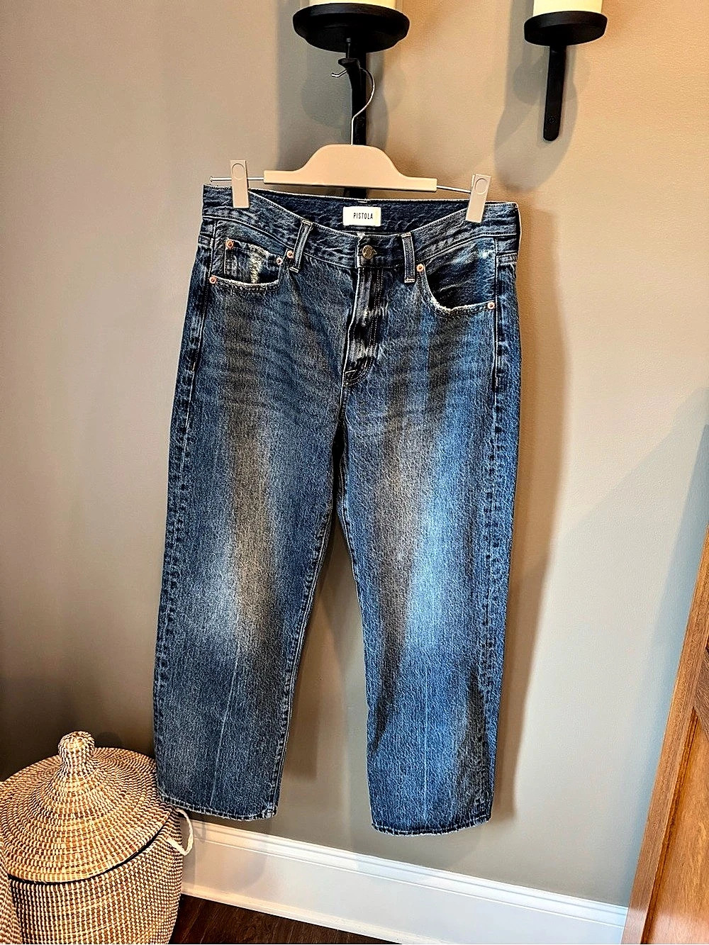 Pistola Size 29 Barrel Leg Jeans Medium Wash Distressed Denim,